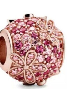 Pink Pav Daisy Flower Charm - 14k rose gold - Fits Pandora Charm Bracelets
